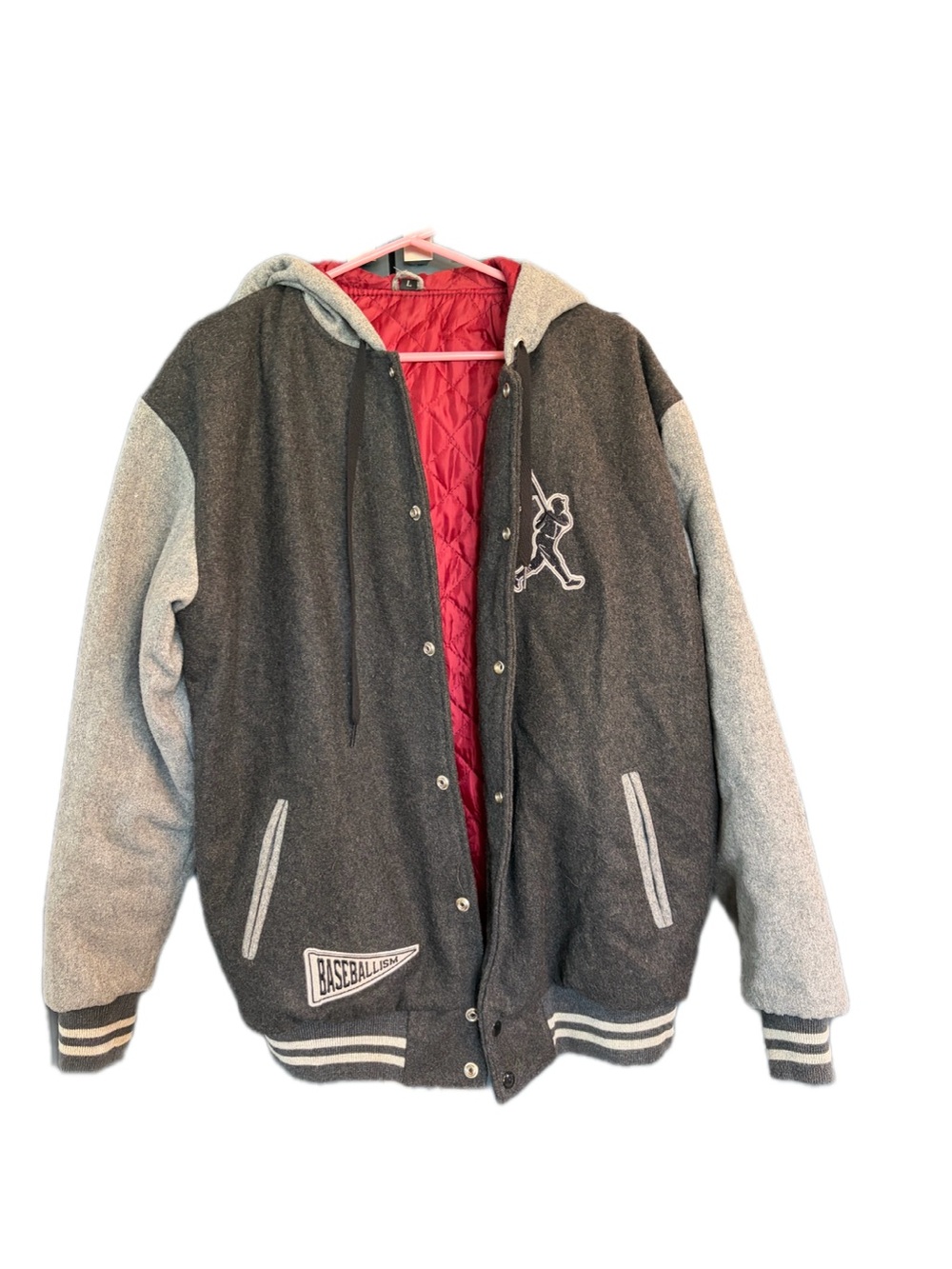 Men's Gray Hooded Bomber Varsity Jacket with Red Lining